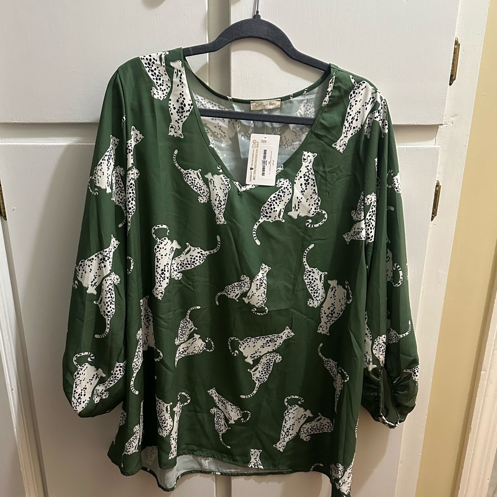 NWT Cotton Bleu cheetah blouse with 3/4 sleeves, sz 3x